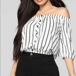White with black stripes off the shoulder top